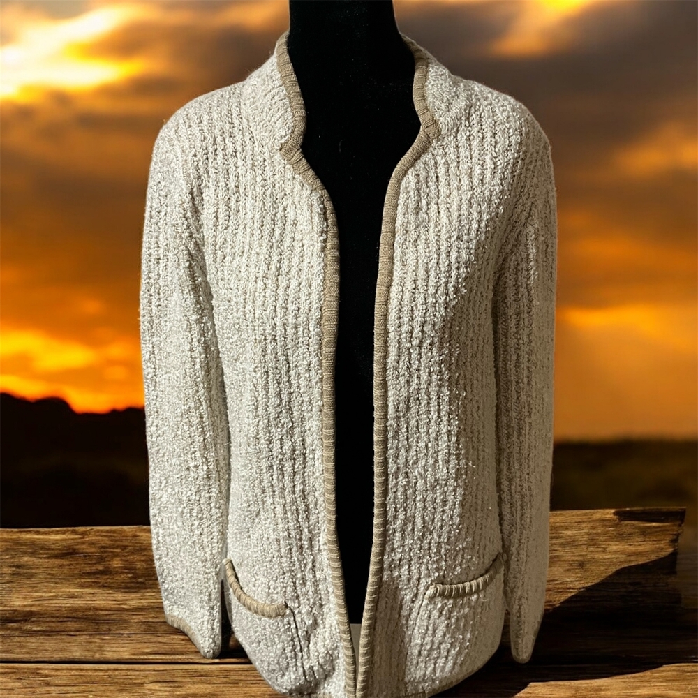 Vintage Messages Sweater Womens Cream Brown Cardigan Front pockets Size M